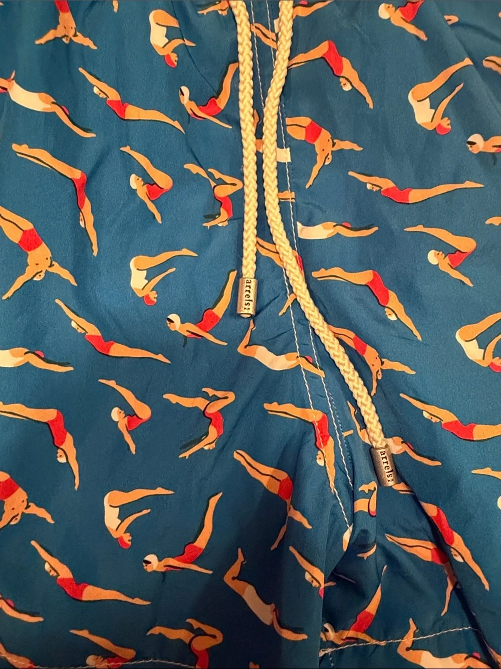 Orlebar Brown Blue Swim Trunks with Red and White Diver Print